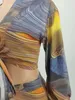 Summer Autumn Print Sexy Bandage Belly Exposed Lantern Sleeve Fashion Two Piece Set 2023