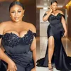 Arabic Aso Ebi Style Prom Dresses With Feathers 2022 Off Shoulder Sweep Train Plus Size Sexy Front Split Appliques Lace Forma C0407