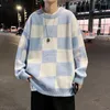 Men's Sweaters Pullovers Men Plaid Winter Sweater Trendy Loose All-match Knitwear Fashion Unisex Couple Simple Casual Harajuku Chandails Mal