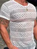 T 셔츠 남자 레이스 중공 아웃 짧은 소매 셔츠 여름 남성 의류 남성 캐주얼 둥근 목 슬림 핏 셔츠 탑 220606