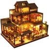 Комплект кукольного домика «сделай сам», деревянные кукольные домики, миниатюрный комплект мебели для кукольного домика со светодиодными игрушками для детей, рождественский подарок P06