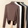Autumn Korean Cotton T Shirt Women Turtleneck Vintage Long Sleeve Office Lady Tshirts Brown Slim Shirt Mujer Camisetas 220728