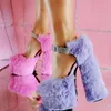 Klädskor kvinna Mary Jane Hairy Platform Chunky klackar bling strass fotled rem lila full päls pumpar lolita skordress