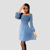 Churses Katı Rahat Bahar Mini Elbise Puf Kollu Kare Boyun Zarif Ince Parti Bayanlar Vintage Bir Çizgi Kadın ES 220402