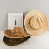 Chapéus de palha artesanais de cowboy ocidental Chapéus unisex ao ar livre Beach Hat Sunscreen Retro Hollow respirável Tampões