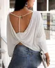 Autumn Spring Women Fashion Elegant Sexy Long Sleeve Ladies Open Back Top Solid Beaded Strap Backless Twisted 220321