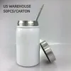 US WAREHOUSE DIY 500ml Sublimation Mason Jar with Straw and Lid Mugs Stainless Steel Water Cup Summer Drinkware z11