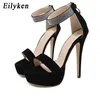Eilyken Stiletto Heels15cm Sexiga strippskor Gladiator Sandaler Fashion Crystal Ankle Strap After Zip Wedding Pumps 210306