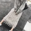 Cheerart Fall Knit Spódnica Kobiet Designer Pióro Sweter Swetra szara linia elastyczna wysoka talia długa midi szydełka moda T200301