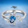 Silver Sea Turtle Starfish Band Rings for Women Blue Topaz Cute Ocean Gifts Animal Cubic Zirconia Jewelry Girl Birthday Party