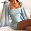 Wepbel cintura alta manga longa bainha mini vestido azul gola plana sexy vestido cor sólida moda magro ajuste bodycon vestidos 220409