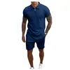 Summer New Solid Color Tracksuits For Men Short Sleeve Slim Fit Zipper Lapel Polos T-shirt And Sport Pants 2 Piece Sets YJTZ-1