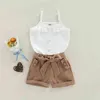 Citgeett Summer Kids Girls Terno casual de cor sólida Ruffles sem mangas Sling tops shorts soltos conjunto de roupas de cinto J220711