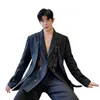 Men's Sexy Splice Lace Metal Chain Buckle Casual Black Suit Jacket Blazers Man Streetwear Vintage Suits Coat Stage Clothing 220409