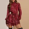 Casual Dresses Fashion Floral Long Sleeve Stand Collar Autumn Winter Dress Women Sexy Perspective Mini Chiffon A-Line VestidosCasual