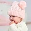 Berretto per bebè tinta unita Berretto invernale per bambini caldi Cappelli intrecciati a maglia per bimbetti Ragazzi Simpatico cappello con doppio pompon
