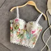 Ny modedesign Kvinnor Summer Spaghetti Strap Flowers Print Lace Crochet Patched Padded Bustier Short High midje Crop Top Vest Tank Camisole SMLXL
