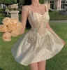 Casual Dresses For Women 2022 Elegant Vintage Floral Dress Apricot Sweetheart Neck Sleeveless Jacquard Weave Sex Summer Beach DressCasual