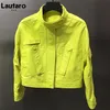 Lautaro Autumn Short Lemon Yellow Leather Jacket Women Zipper Pockets Long Sleeve Colored Harajuku Y2k Clothes Street Style 210908