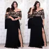 Sexy Black Lace Plus Size Evening Dresses With Half Sleeves Off The Shoulder V-Neck Split Side Prom Gowns A-Line Chiffon Formal Dress