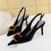 TopSelling women's thin high heel sandals shallow mouth pointed end hollow back trip strap and metal square buckle women's Classic luxury party shoes