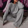 Women's Two Piece Pants Vintage Sweater Set Elastic Waist Ribbed Floor-Length Hooded Top Loose TracksuitWomen's