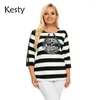 Women's T-Shirt Women's Plus Size Spring Polyester Striped Printed With Sequins And Elastic Round Neck Casual TopWomen's Phyl22