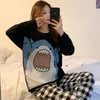 Qweek Shark Print Plaid Pant Pyjamas Women Autumn Cute Sleepwear Black Pijama Kawaii Long Sleeve Pyjama Loungewear Home Suit PJS 220321