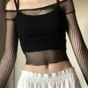 Sweetown Hollow Out See See Sexy Slash Neck Fishnet Mesh 티셔츠 여성 귀여운 클럽 의상 어깨 긴 소매 작물 티 220516