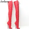 Sorbern Stivali alla coscia con cavallo rosso opaco Scarpe crossdresser BDSM Stringate Drag Queen Stivali lunghi Stivali larghi personalizzati slim fit Sm