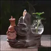 Backflow rökelsebrännare Holder Ceramic Little Monk Small Buddha Waterfall Sandalwood Censer Creatives Home Decor med 10 kottar Drop Delivery