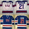 NIK1 # 21 Mike Eruzione Jersey 1980 Miracle on Ice Hockey Jersey Mens 100% Stitched Borduurwerk S Team USA Hockey Jerseys Blauw wit