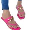 Women Clip Toe Flat Bottom Slippers Metal Chain Slides Beach Sandals Solid Color Flip Fliops