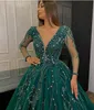 Luxuriöse smaragdgrüne Ballkleider mit langen Ärmeln, afrikanischer, sexy, transparenter V-Ausschnitt für Damen, formelle Abendkleider