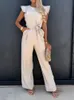 Summer Fashion Waist Lace-up Party Wide Leg Pant Women Elegant Solid Ruffle Sleeve Jumpsuit Casual Office O Neck Romper Overalls 220714