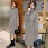 Winter Pregnant Woman Turtle Neck Long Sleeve Stripe Knitted Dress Side Split Maternity Straight Dress Fashion Lady Clothing J220628