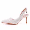 White Lace Shoes Pointed Toe Slingback Wedding Pumps Sweet Flower Pearl Platform Pump Shoes Bride Dress High Heels 7cm