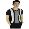 Summer men's short-sleeved top knitted sweater stitching thin ice silk 2022 new Korean version of the slim striped casual stretch bottoming shirt