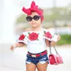 Été enfants vêtements filles 3D fleur imprimer sans manches à volants col rond pull t-shirts Denim trou pantalon bébé 2 pc ensemble 220620