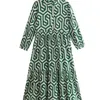 ZEVITY Women Vintage Geometric Print Pleats Casual Slim Midi Shirt Dress Female Chic Ruffles A Line Vestido DS395 220725