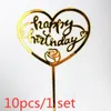 Andra evenemangsfestleveranser 10st/set Love Happy Birthday Cake Toppers Gold Akryl Kids Birhday Topper för bröllopsdekorationer Baby Shower
