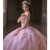 Vestido de esfera de vestidos quinceanera rosa brilhante 2022 Sweet 16 Girl Apliques de lacramentos de renda de aniversário vestido de baile vestido de 15 anos quinceanera