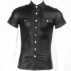 남자 티셔츠 남자 섹시한 젖은 루트 라텍스 버튼 소프트 가짜 pu 가죽 셔츠 클럽웨어 페티쉬 펑크 란제리 바디 수트 셔츠
