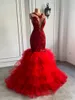 Festklänningar Long Elegant Prom 2022 Ruffless Mermaid Style Fitted Sparkly Sequin African Black Girls Red Tulle Gala klänningar RealParty