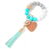 PU TASSEL KEYCHAINS 하트 우드 칩 비드 팔찌 쥬얼리 뱅글 실리콘 프린지 팔찌 손목 키 링 펜던트 가방 액세서리