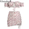 Glamaker Hollow Out Ruffle Mini Dress Women Off Should Sleeve Drawstring Floral Sexy Pleated Party Summer 220510