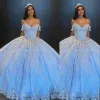 Небесно-голубые платья Quinceanera 2022 Тюль с открытыми плечами на бретельках длиной до пола, кружевная аппликация, корсет сзади, бальное платье для выпускного вечера, Vestidos 401 401