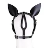 Fetish Leather Harness Head Piece Hood Mask with Silicone Bone Mouth Gag Ears Eye Shade Bit Blindfold for Pony Pet Cosplay Bdsm 220726