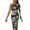 Casual Jurken Kleurrijk Skeleton Side Split Bodycon Jurk Vrouw Suiker Schedels Bloemenprint Mooie Maxi Zomer Feestjurken Met Lange Mouwen Casual