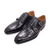 Luksusowe włoskie męskie krowie skórzane buty palce podwójne klamry aligator druk przyjęcie formalne czarne buty dla mężczyzny